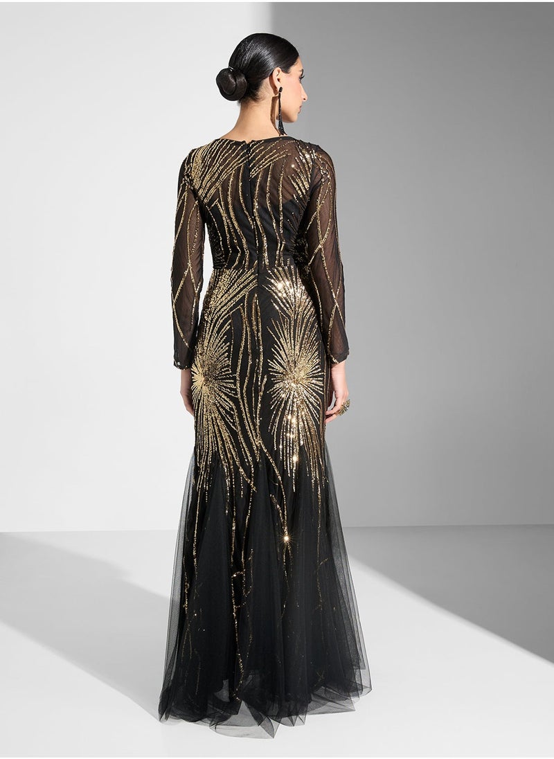 Mesh Sequin Long Sleeve Round Neck Fishtail  Dress