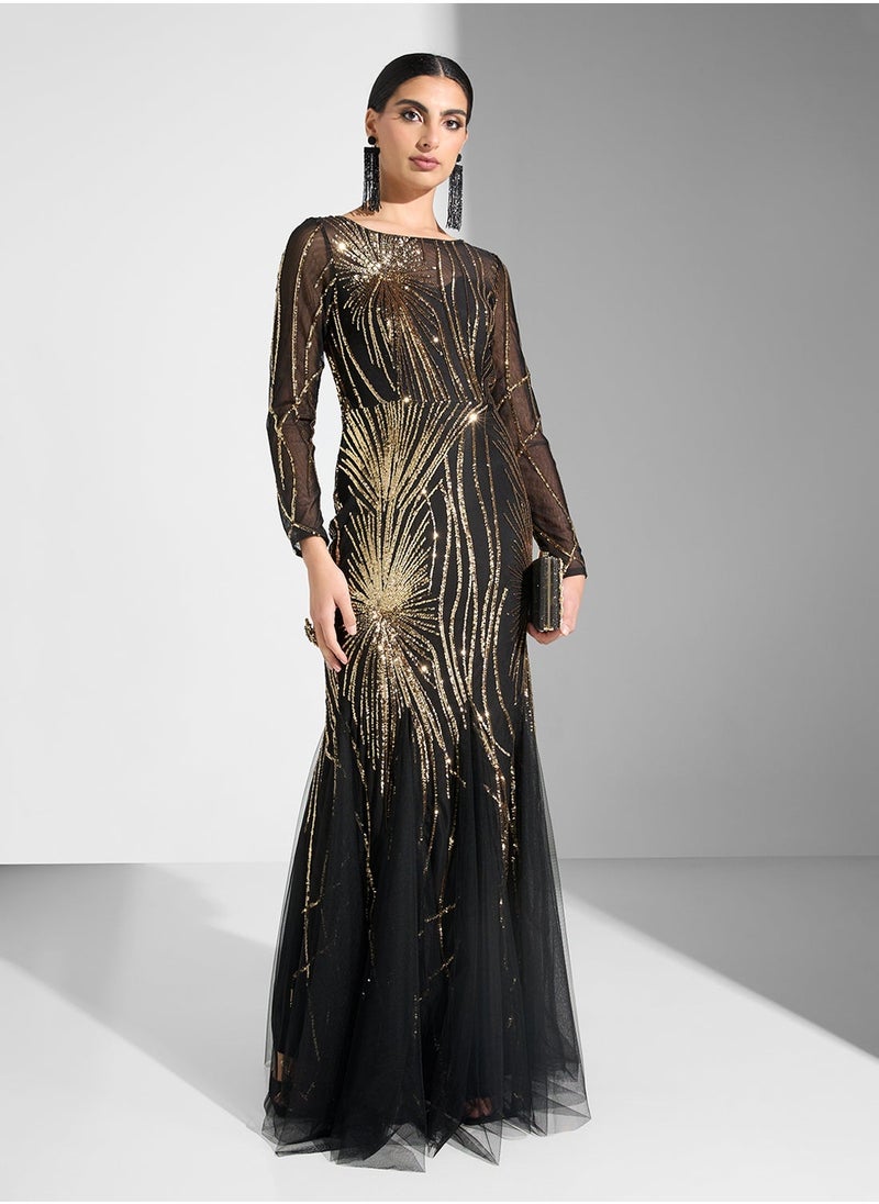 Mesh Sequin Long Sleeve Round Neck Fishtail  Dress