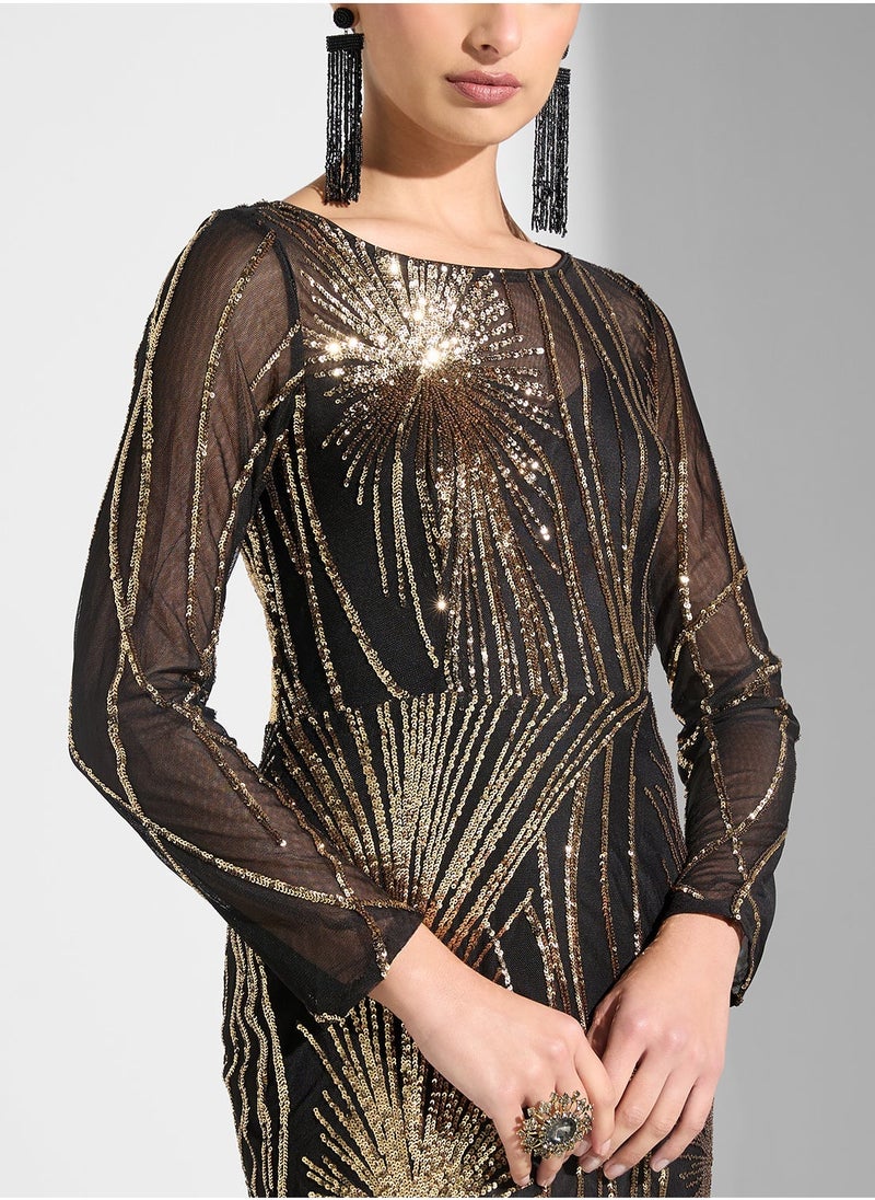 Mesh Sequin Long Sleeve Round Neck Fishtail  Dress