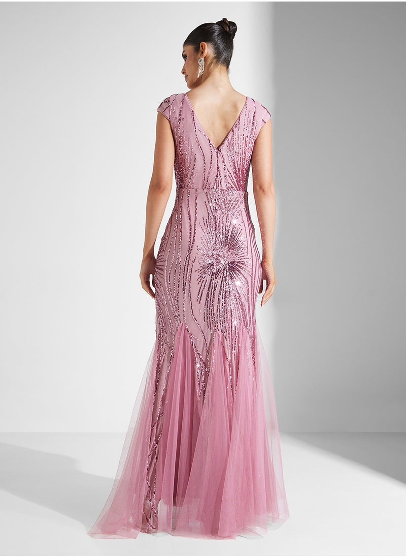 Embelished Mesh Cup Sleeve V-Neck Fishtail  Dress