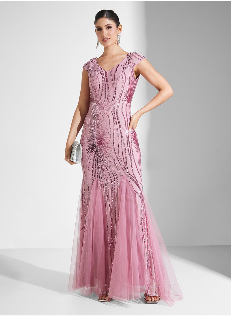 Embelished Mesh Cup Sleeve V-Neck Fishtail  Dress