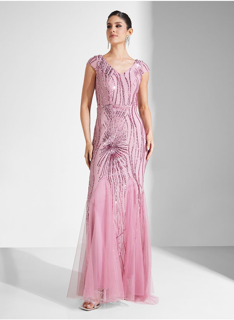 Embelished Mesh Cup Sleeve V-Neck Fishtail  Dress
