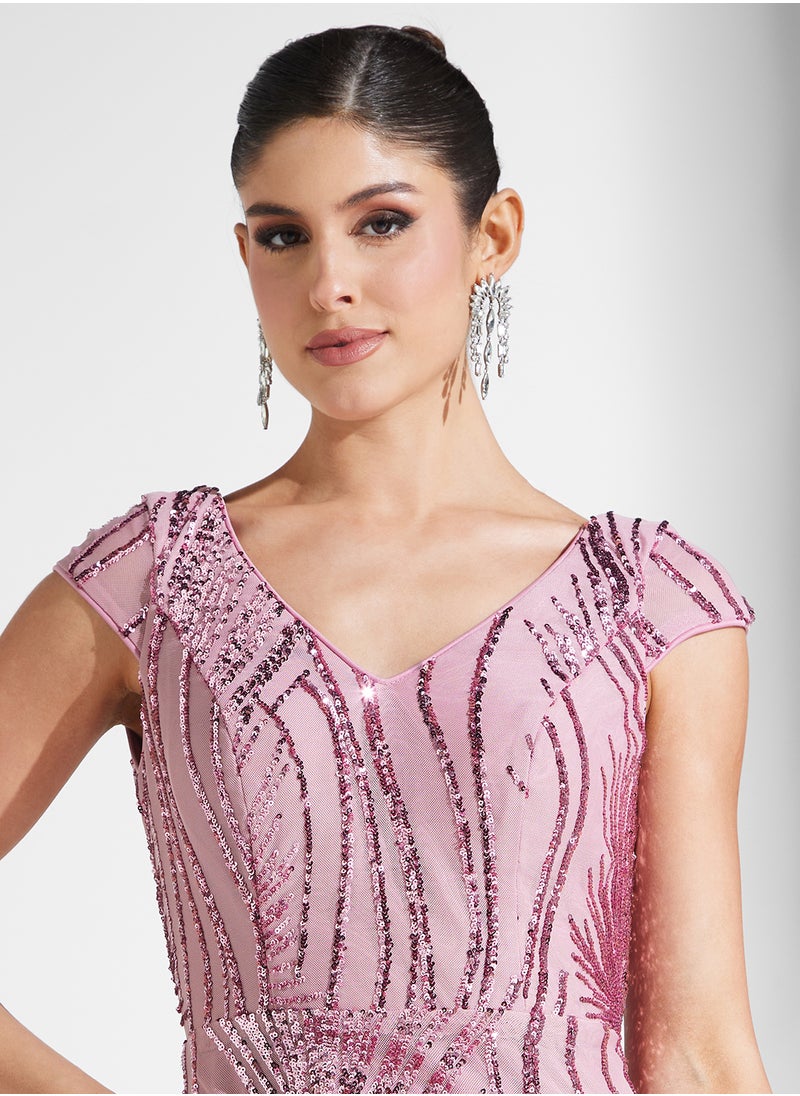 Embelished Mesh Cup Sleeve V-Neck Fishtail  Dress