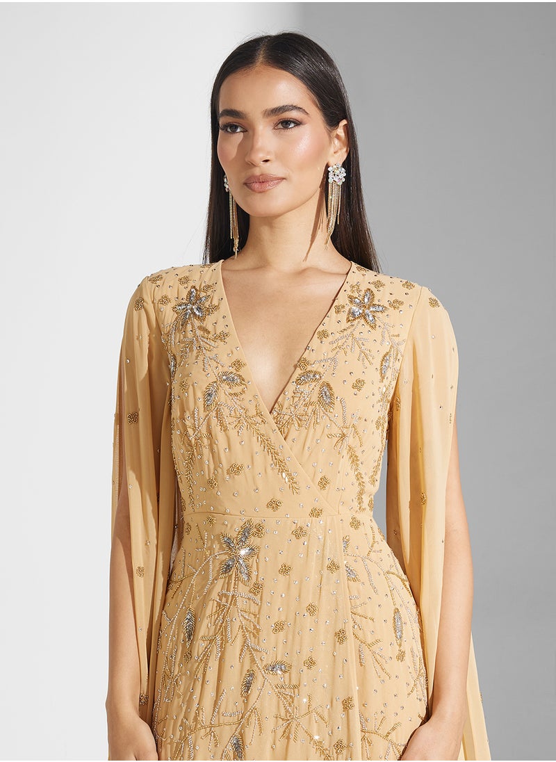 Drape Sleeve Sequin Maxi Dress