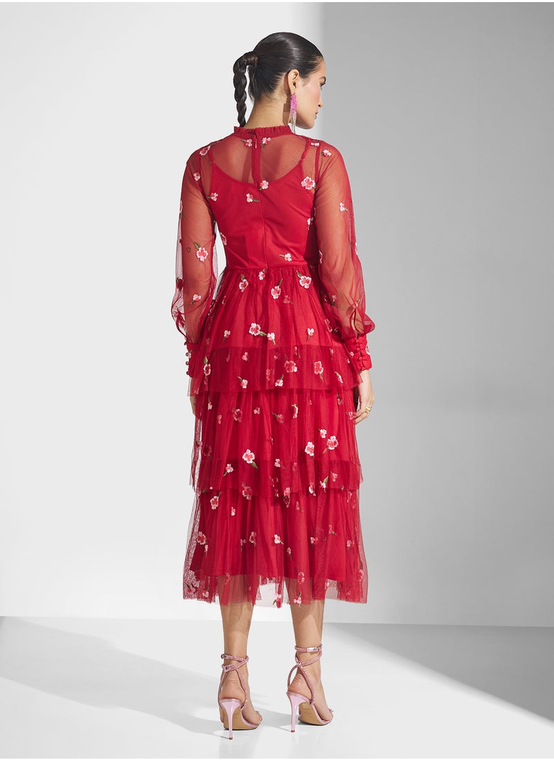 Embellished Ruffle Mesh Detailed Dress