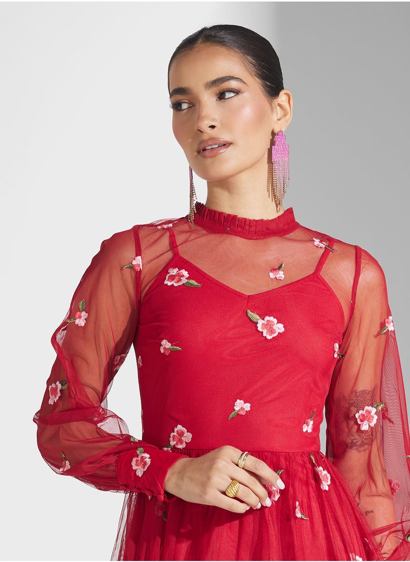 Embellished Ruffle Mesh Detailed Dress