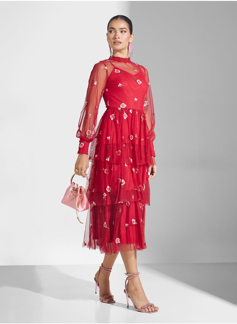 Embellished Ruffle Mesh Detailed Dress