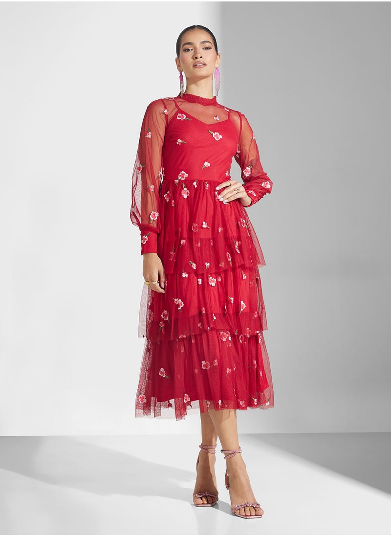 Embellished Ruffle Mesh Detailed Dress