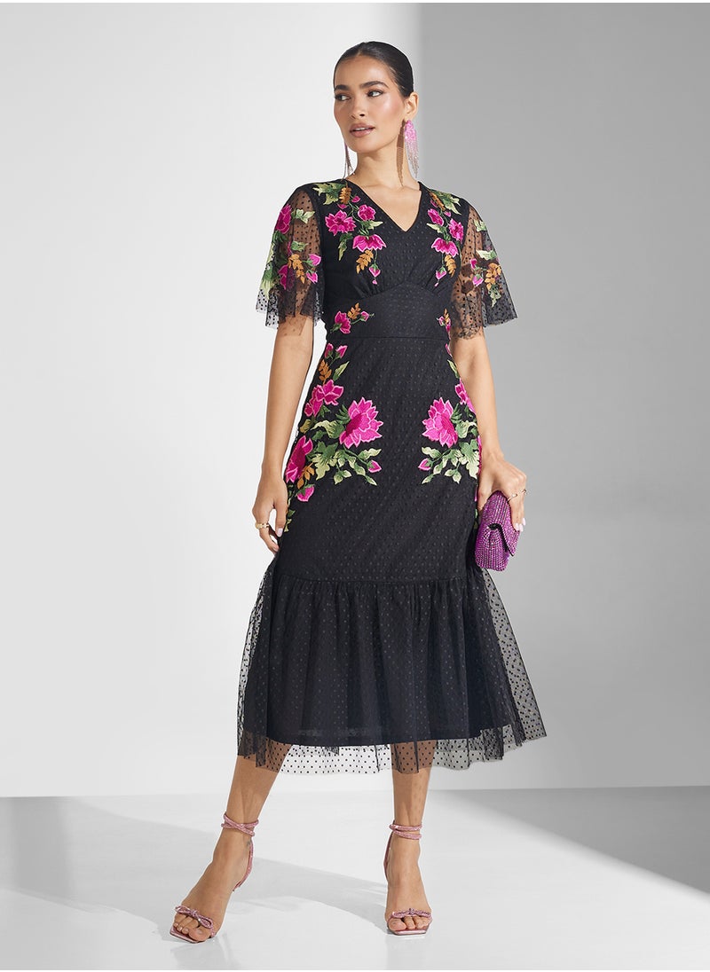 Embellished V-Neck Midi Dress