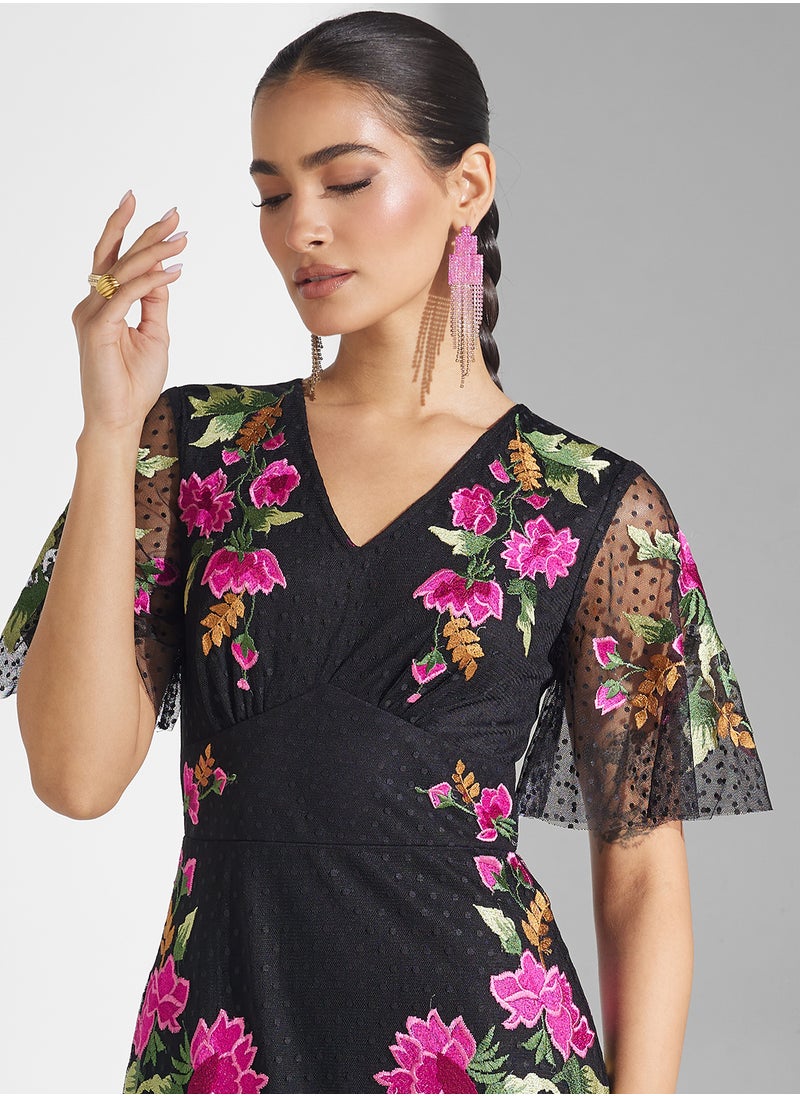Embellished V-Neck Midi Dress