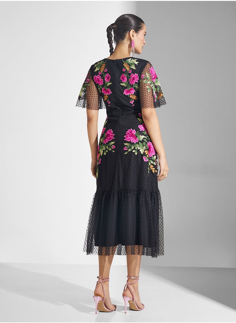 Embellished V-Neck Midi Dress