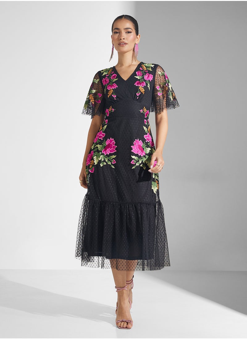 Embellished V-Neck Midi Dress