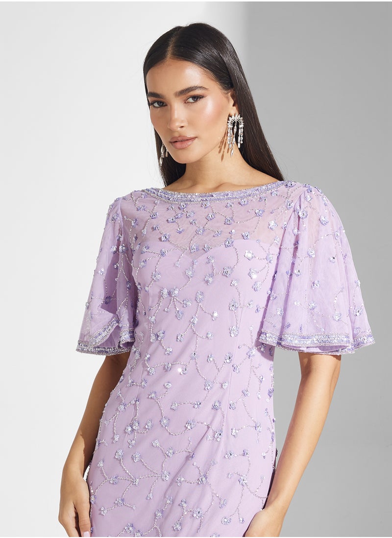 Flutter Sleeve Sequin Maxi Dress