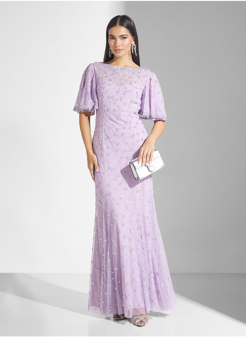 Flutter Sleeve Sequin Maxi Dress