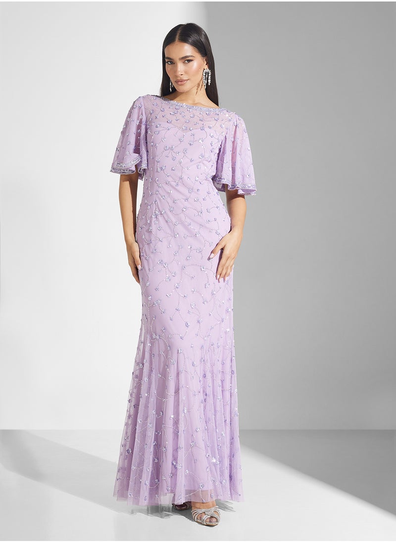Flutter Sleeve Sequin Maxi Dress