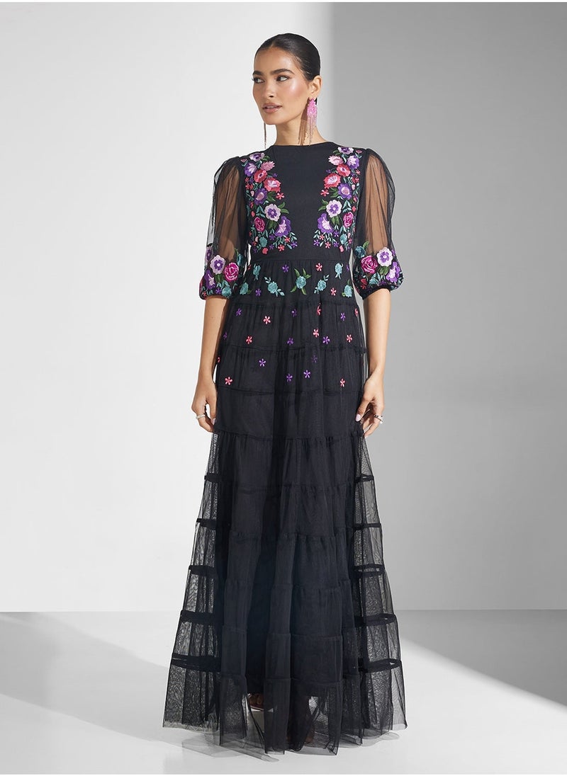 Embellished Pleated Maxi Dress