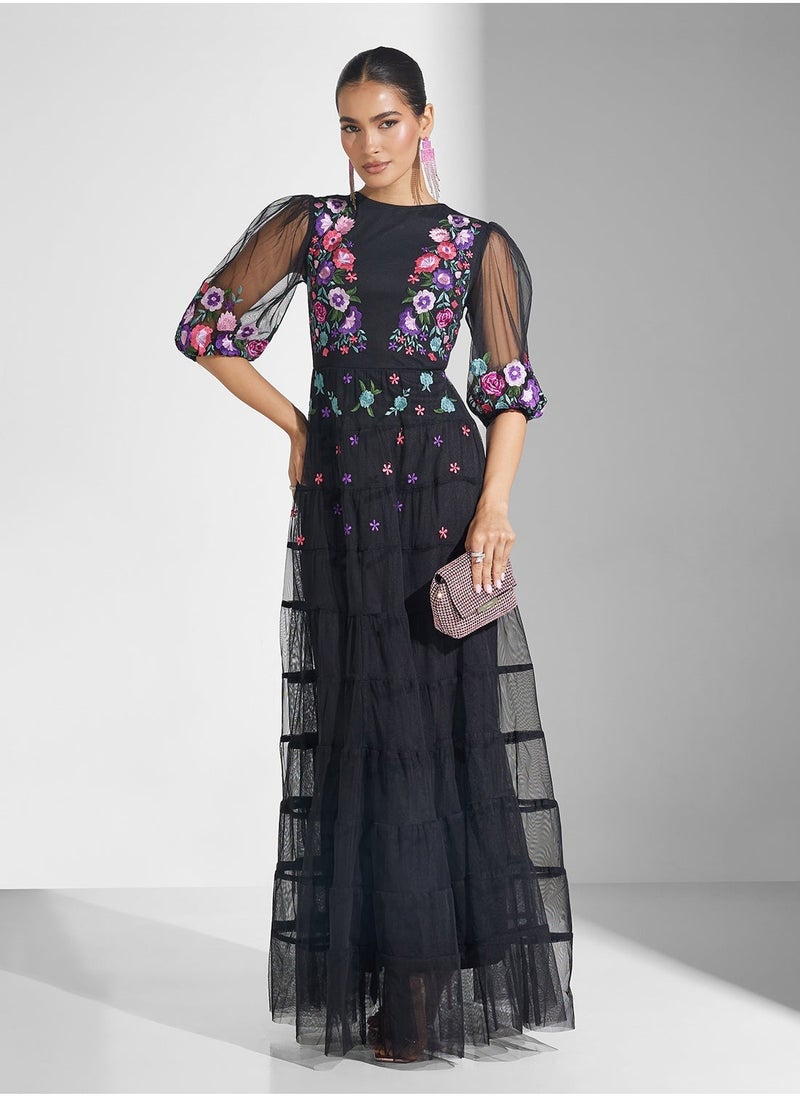 Embellished Pleated Maxi Dress