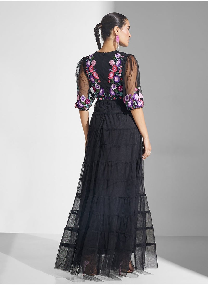 Embellished Pleated Maxi Dress