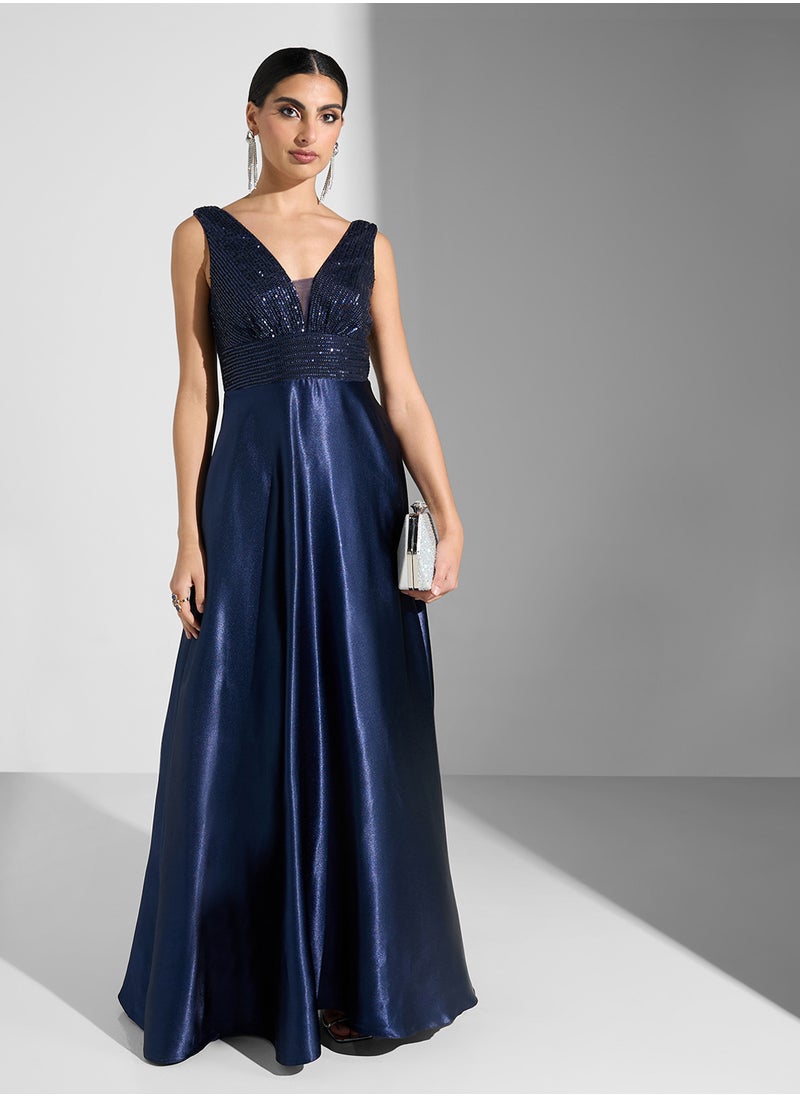 Satin Sleeveless V-Neck  Dress