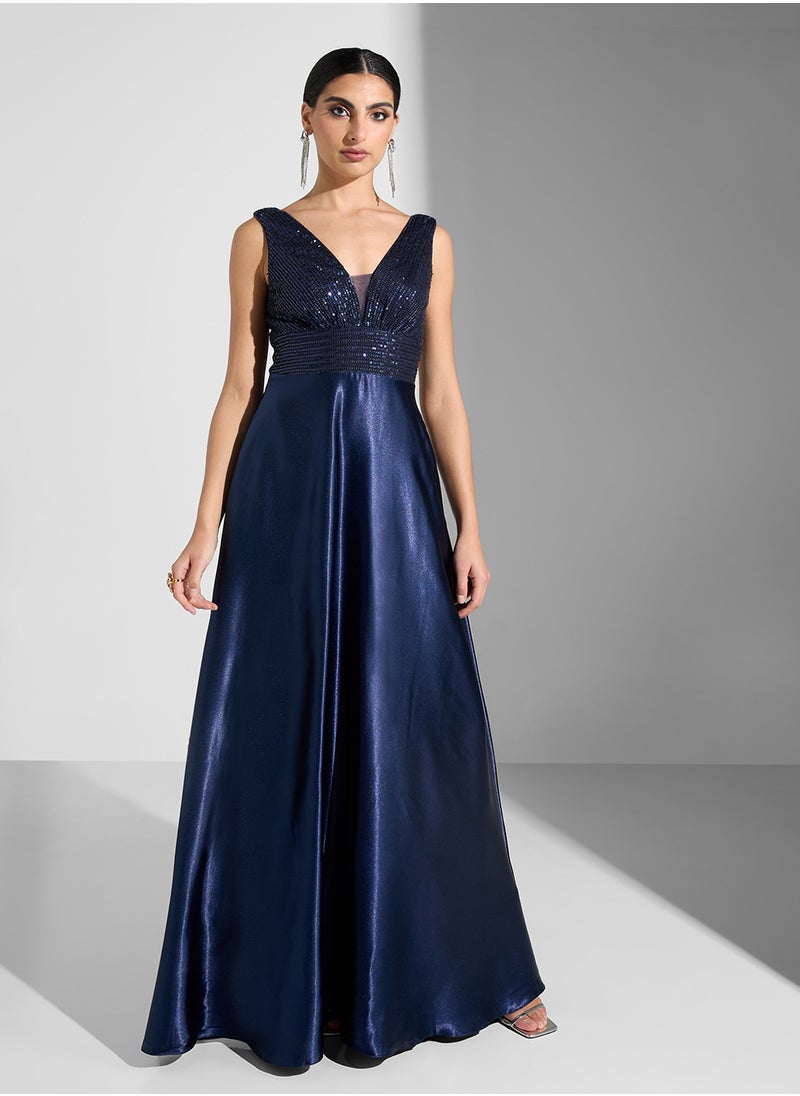 Satin Sleeveless V-Neck  Dress