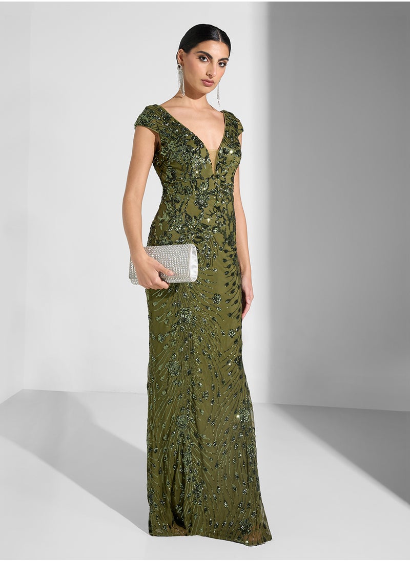 Embelished Cup Sleeve V-Neck Fishtail  Dress