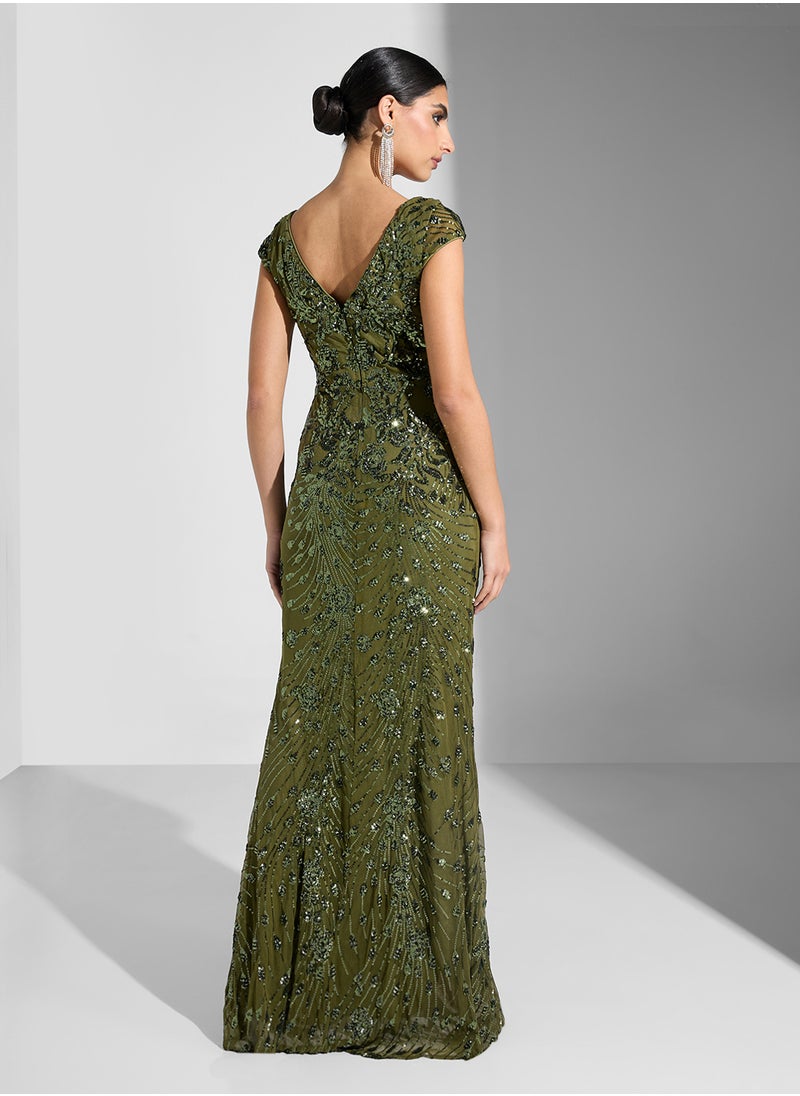 Embelished Cup Sleeve V-Neck Fishtail  Dress