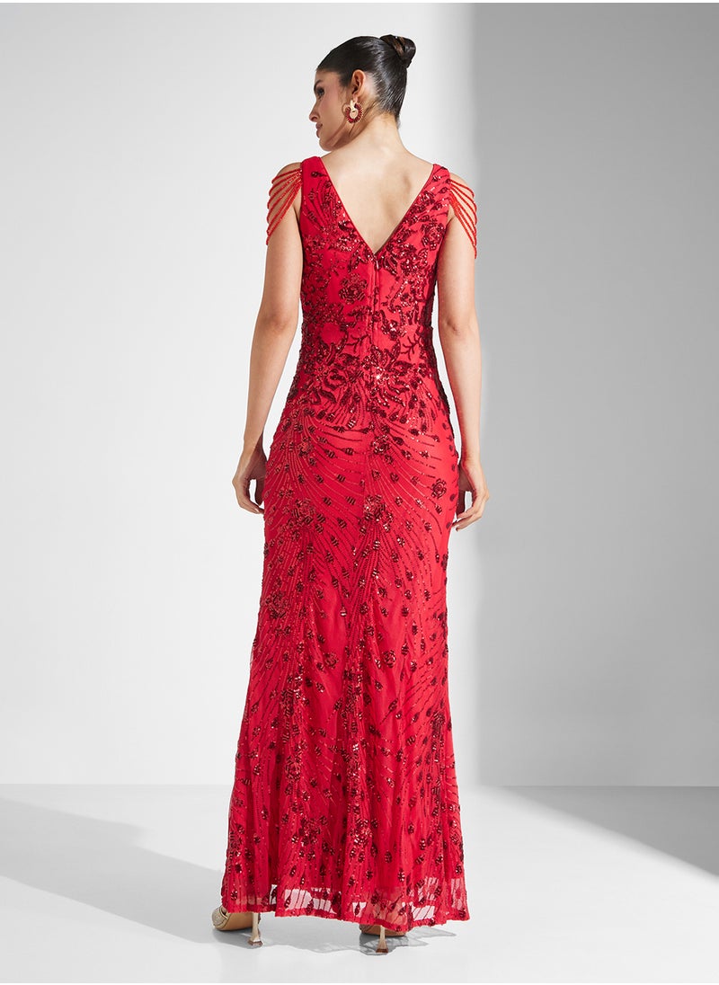 Embelished Shoulder Drape Detail Sleeveless V-Neck Fishtail  Dress