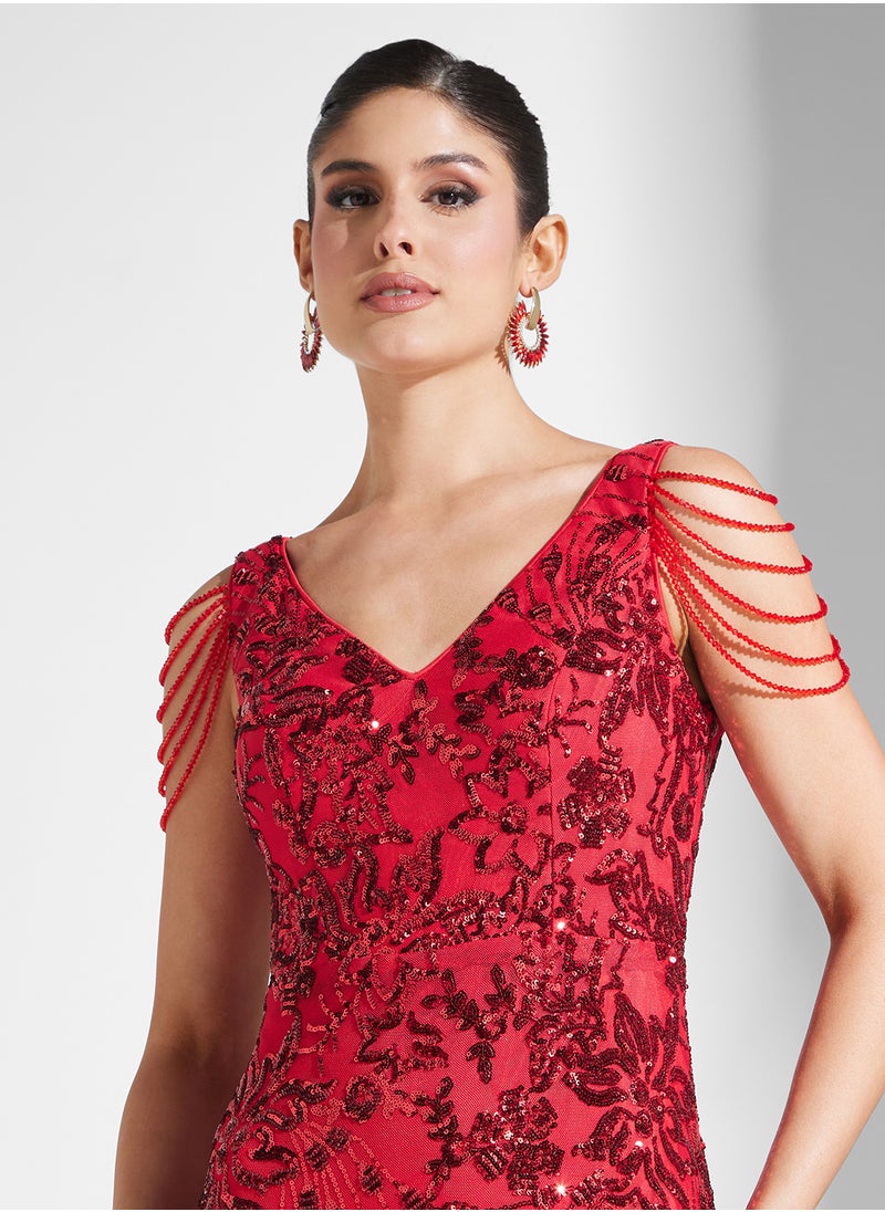 Embelished Shoulder Drape Detail Sleeveless V-Neck Fishtail  Dress