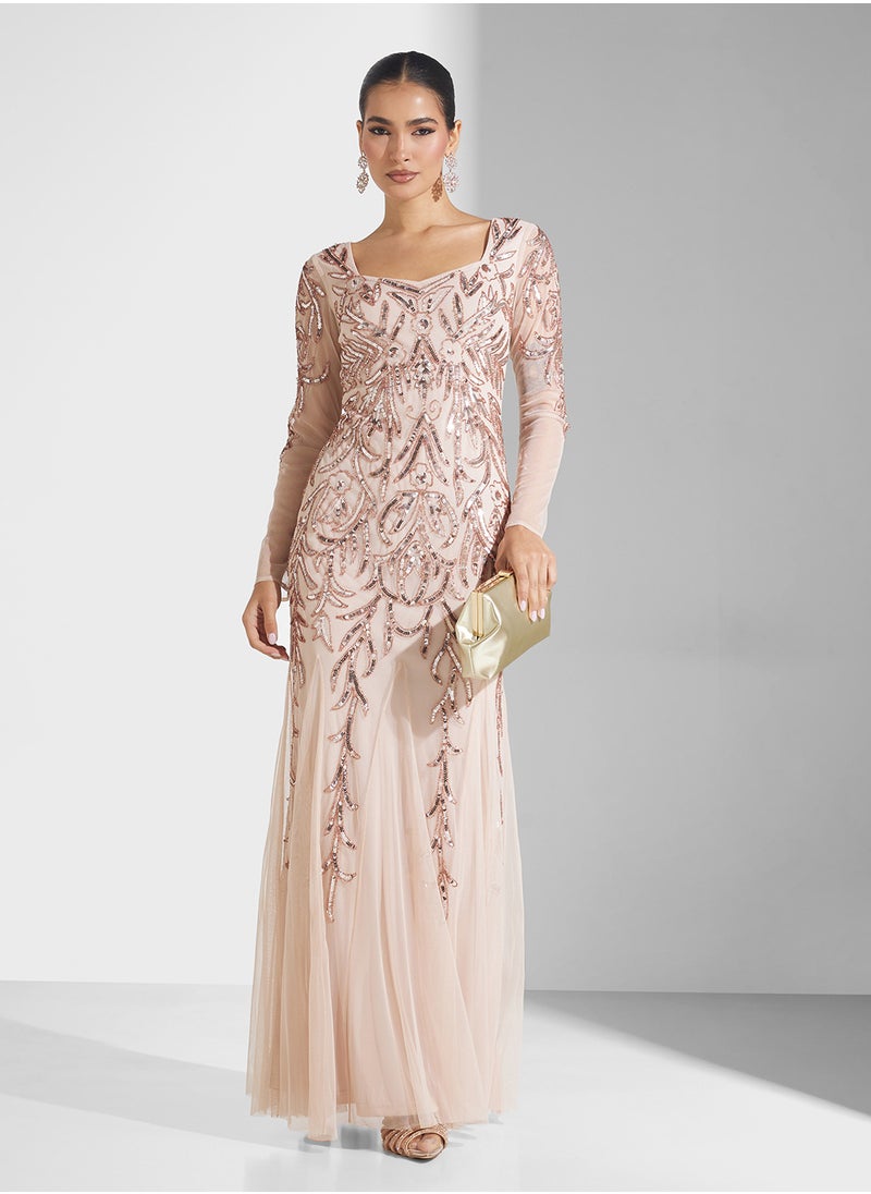 Embellished Pleated Maxi Dress