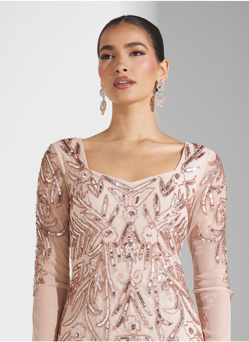 Embellished Pleated Maxi Dress