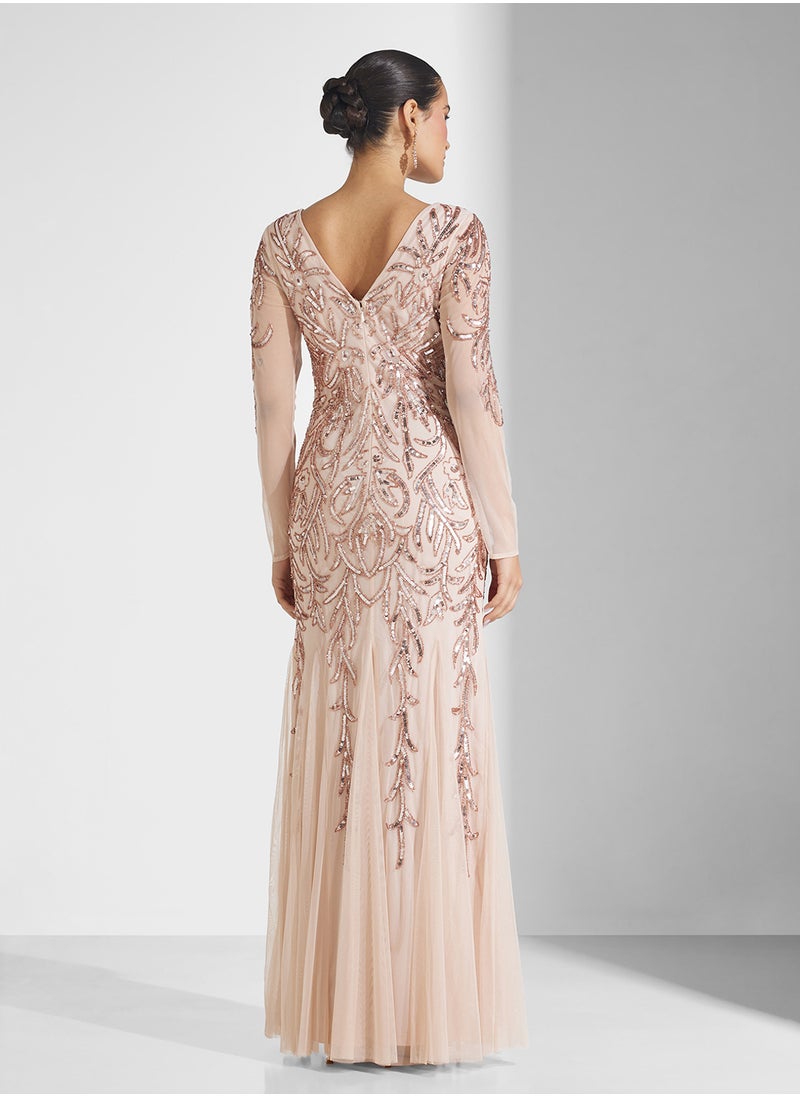 Embellished Pleated Maxi Dress