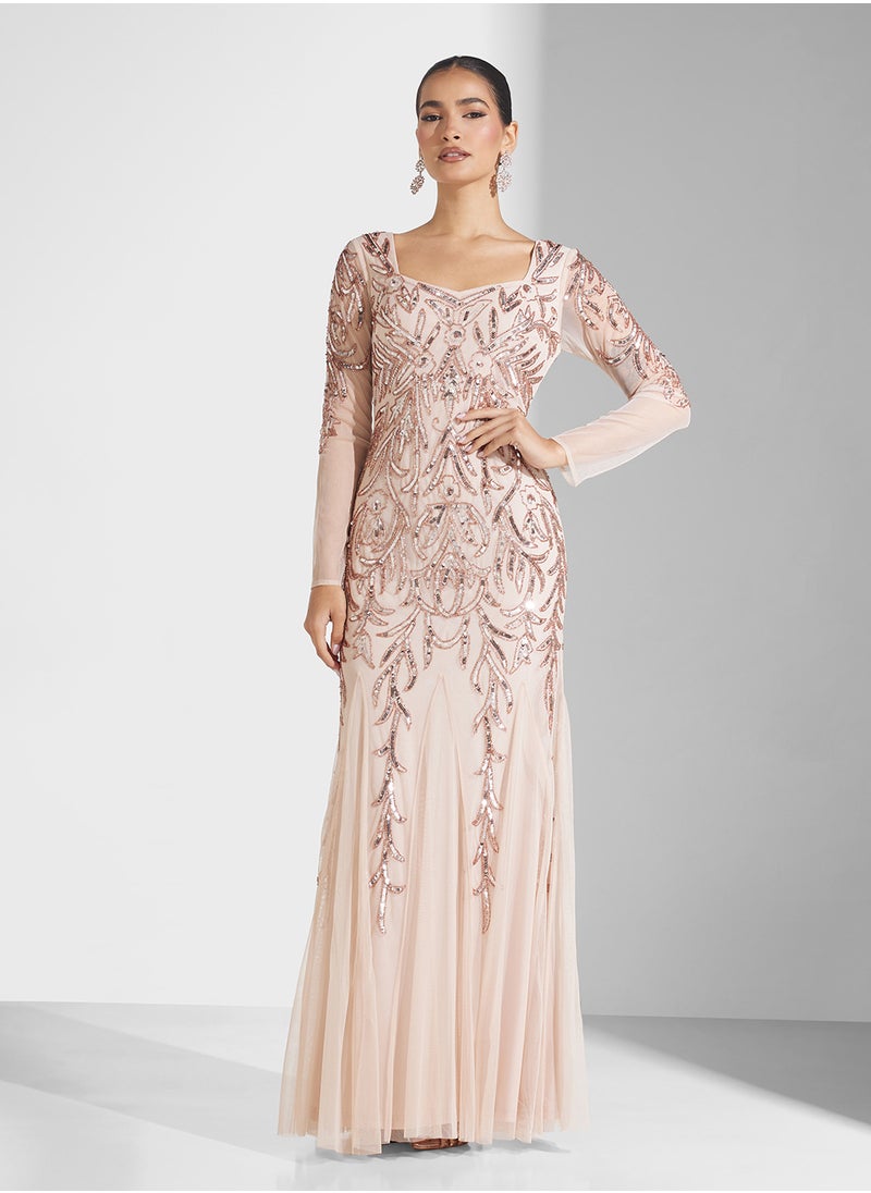 Embellished Pleated Maxi Dress
