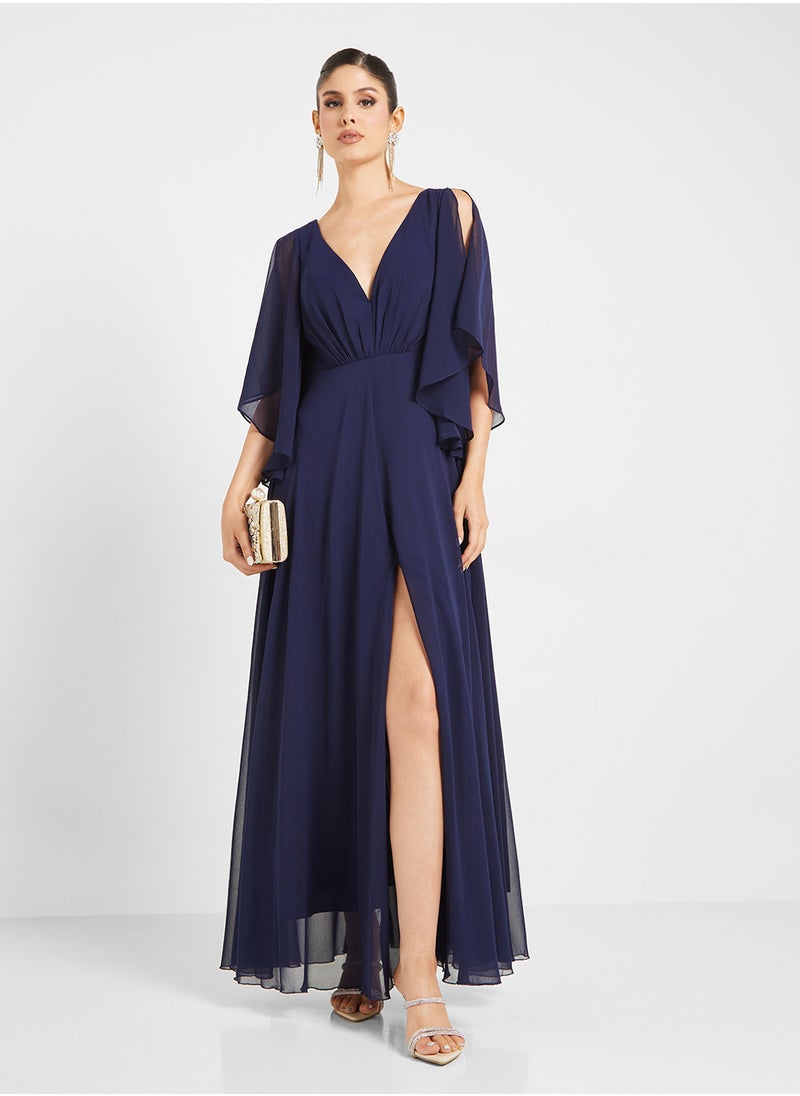 Chiffon Open Split Sleeve V-Neck  Dress