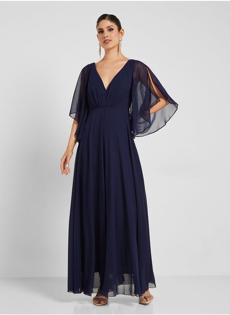 Chiffon Open Split Sleeve V-Neck  Dress