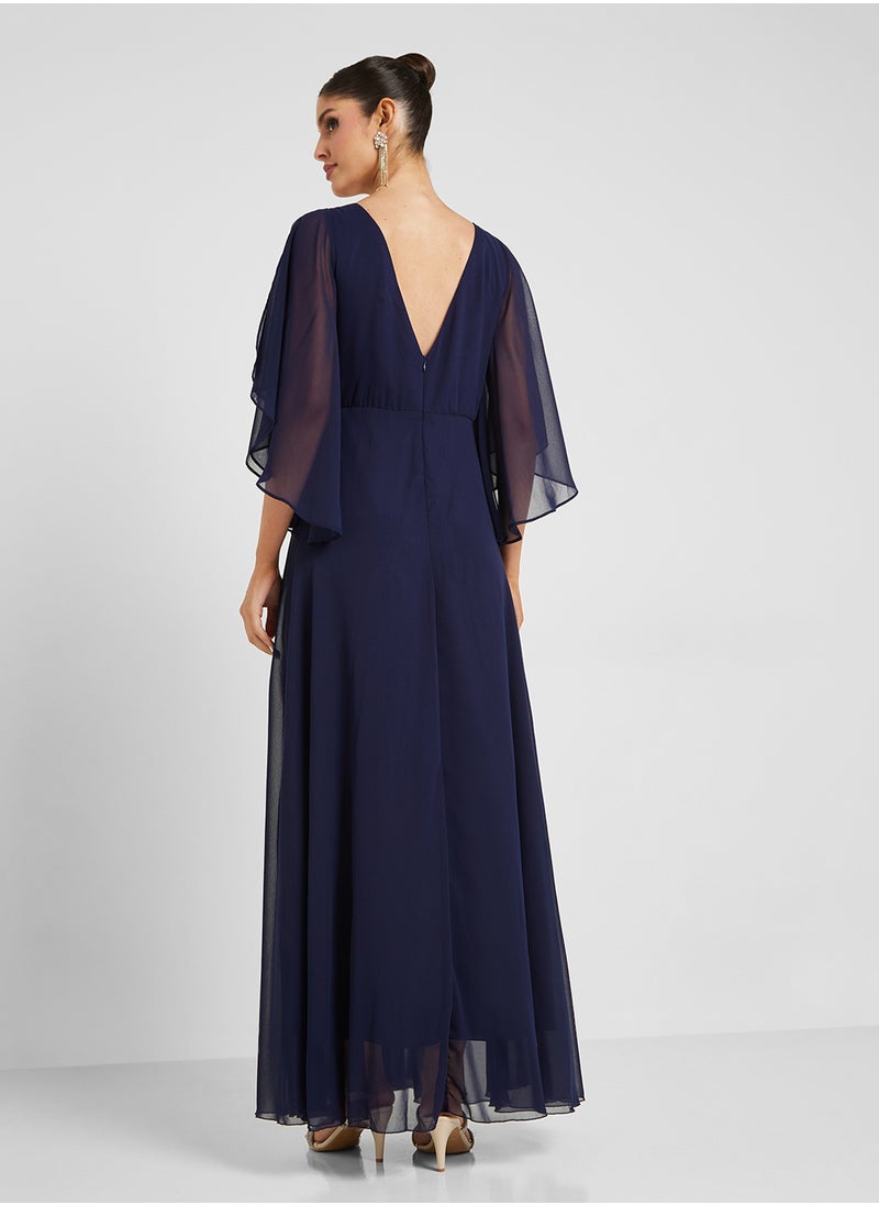 Chiffon Open Split Sleeve V-Neck  Dress