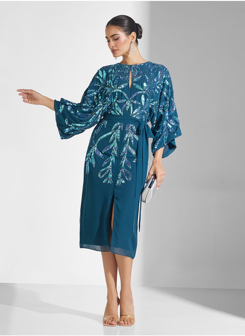 Keyhole Neck Sequin Midi Dress