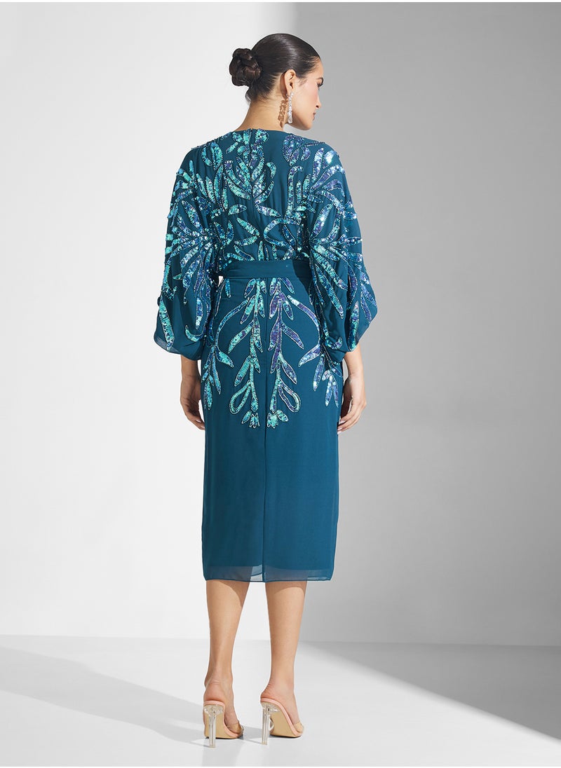 Keyhole Neck Sequin Midi Dress