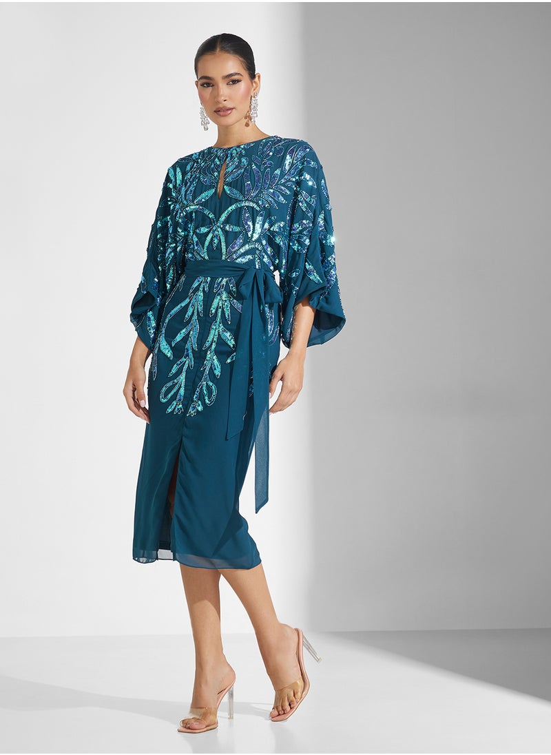 Keyhole Neck Sequin Midi Dress