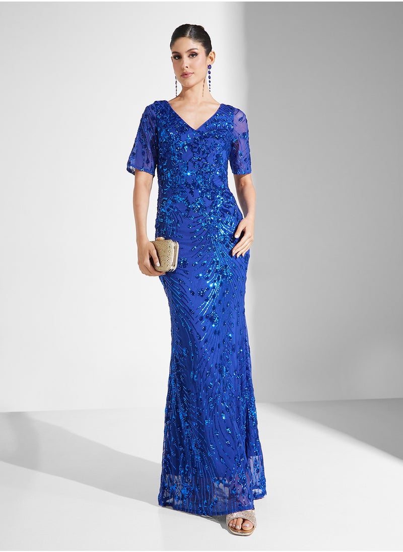 Embelished Short Sleeve V-Neck Fishtail  Dress