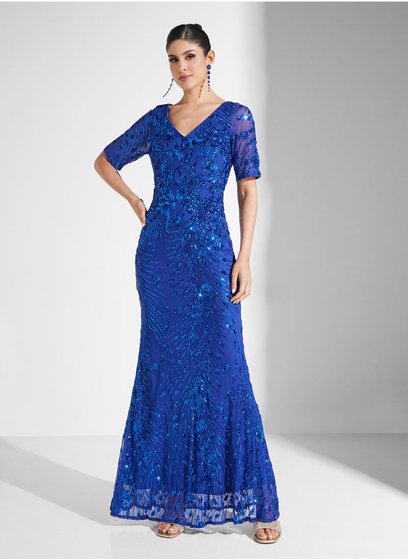 Embelished Short Sleeve V-Neck Fishtail  Dress