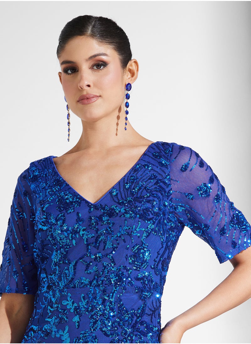 Embelished Short Sleeve V-Neck Fishtail  Dress