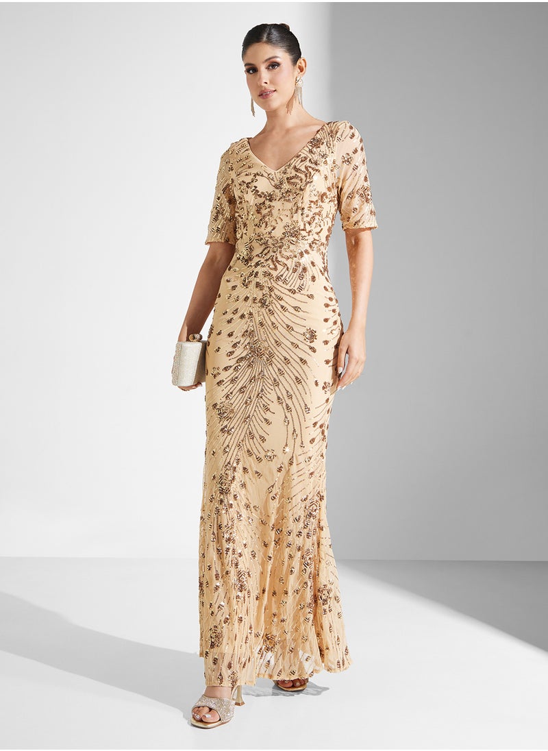 Embelished Short Sleeve V-Neck Fishtail  Dress