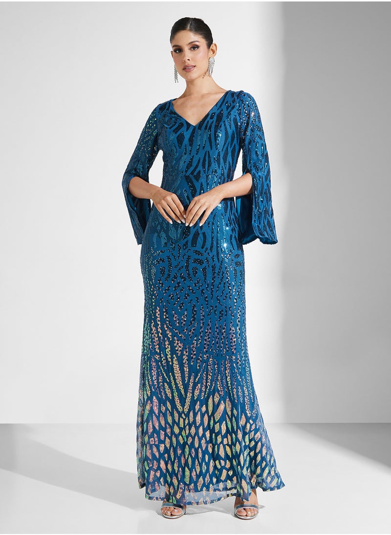 Embelished Texture Long Split Sleeve V-Neck Fishtail  Dress