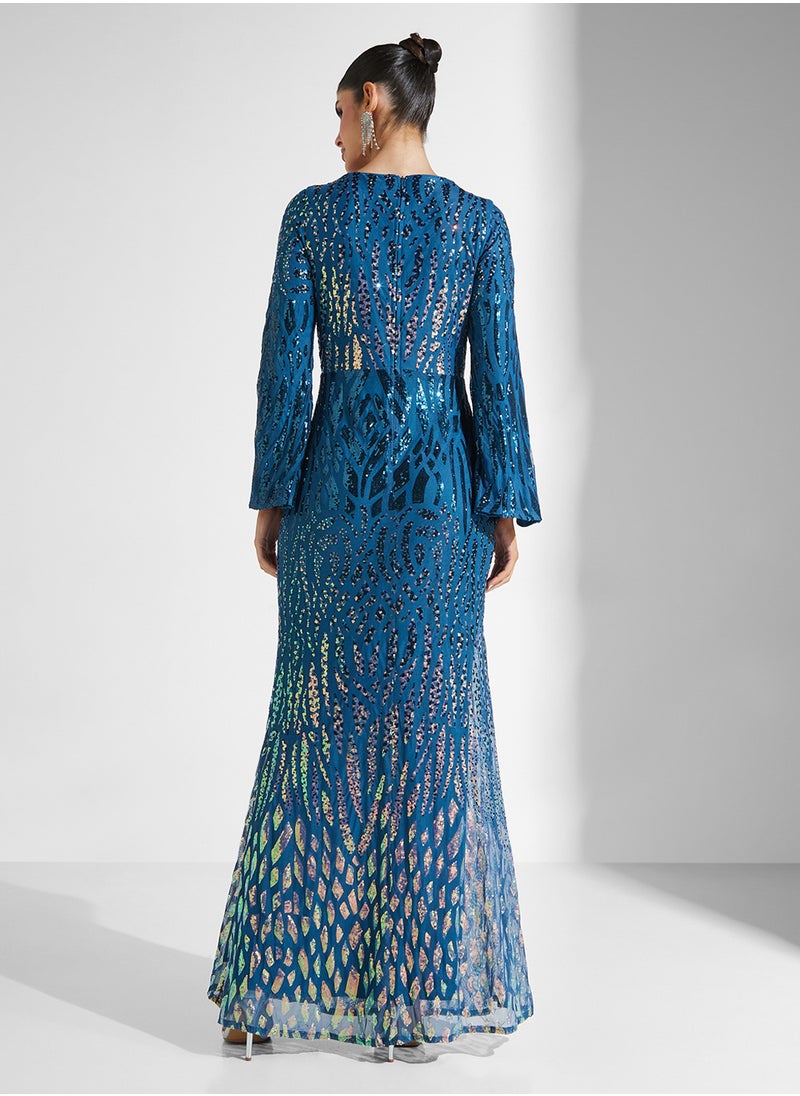 Embelished Texture Long Split Sleeve V-Neck Fishtail  Dress