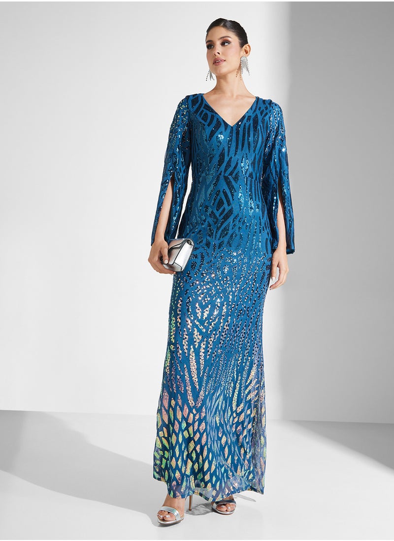 Embelished Texture Long Split Sleeve V-Neck Fishtail  Dress