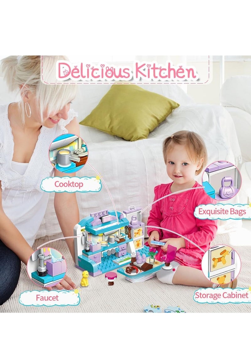 6-12 Girl's Dream Home Building Blocks Kit Educational Toy, Build Girl's Bedroom Living Room Kitchen, 3 Building Methods (194 Pieces)