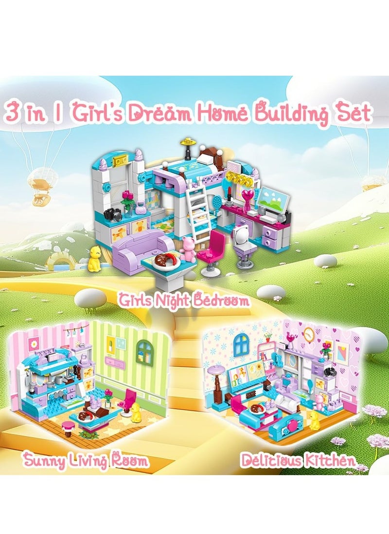6-12 Girl's Dream Home Building Blocks Kit Educational Toy, Build Girl's Bedroom Living Room Kitchen, 3 Building Methods (194 Pieces)