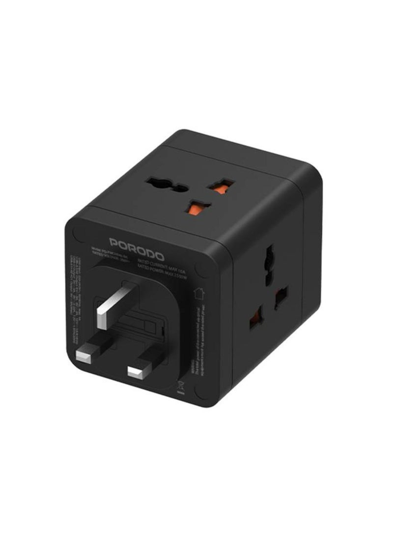 4-AC Universal Power Block Adapter with USB-C & Dual USB-A Ports, Fast Charge, 20W Power Delivery, Built-in Safeguards, Simultaneous Charging, 2500W Rated Power - Black