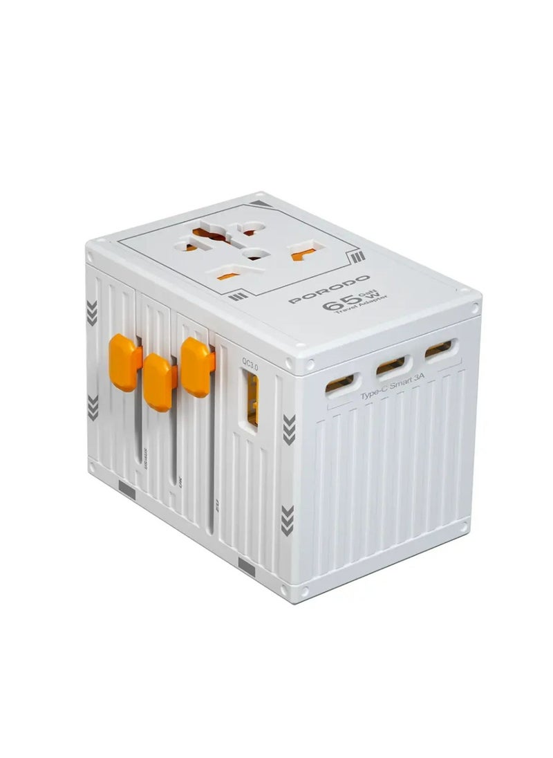 Travel Universal Charger, Dual Fuse, PD 65W, 4 USB-C & 1 USB-A Ports, UK, EU, US & AU Supported Plugs, GaN Technology - White