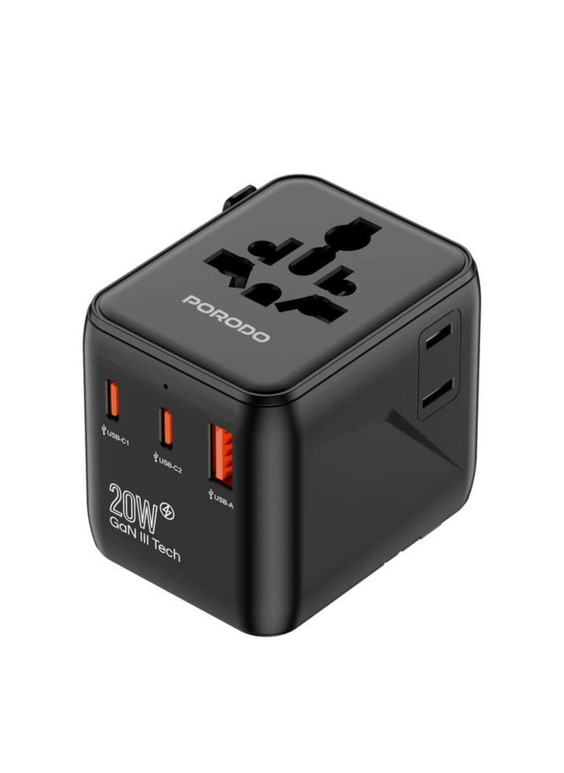 Universal Travel GaN Quick Charger, 2 USB-C & 1 USB-A Ports, UK/ EU/ US & AU Plug Supported, Universal Compatibility, Simultaneous Charging - Black